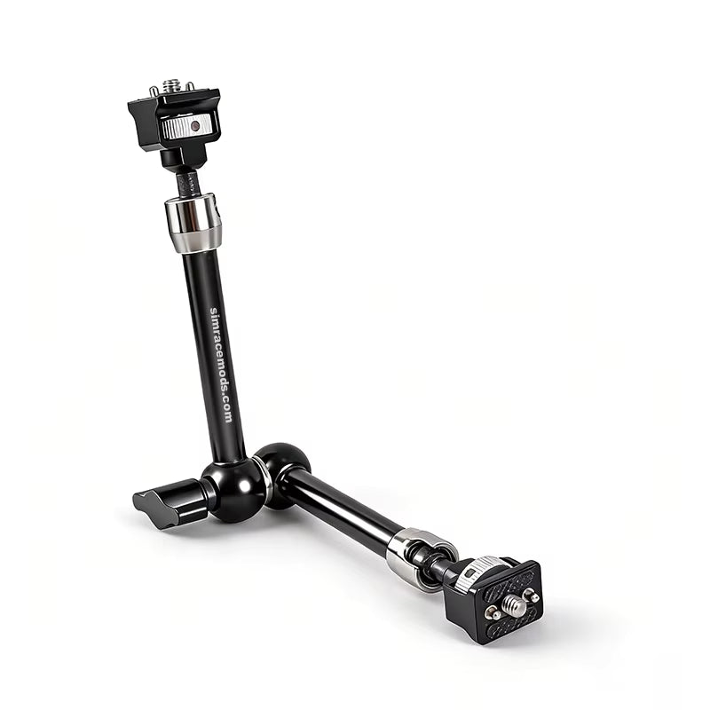 Black camera tripod arm on a white background