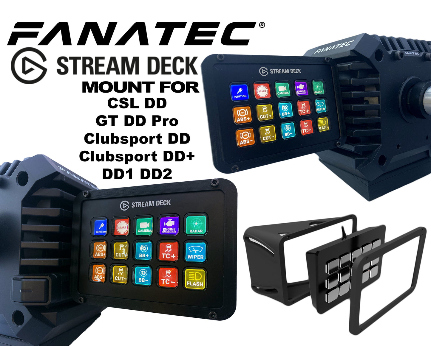 Stream Deck Mount for Fanatec Direct Drive Bases Clubsport, Clubsport+, DD1, DD2, CSL DD & Gran Turismo DD Pro Wheelbase